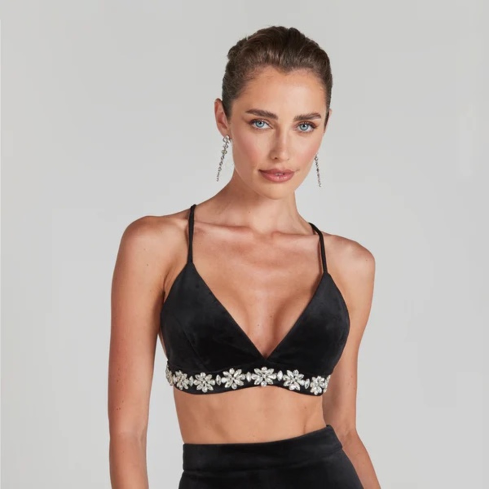 NADINE MERABI Black Velvet Embellished Bralette